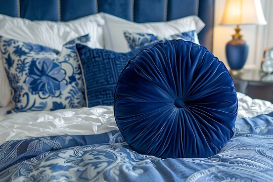 Velvet round pillow on king size bed with blue and white sheets