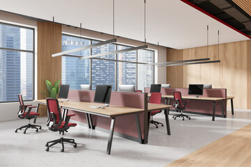 Modern open space office with red chairs and wooden accents. 3D Rendering