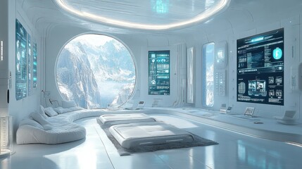 Futuristic Interior Design with Mountain View  White Couch and Beds  Screens with Data