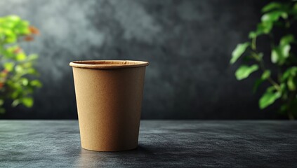 A single, brown disposable paper cup stands on a grey table.
