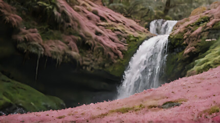 Fototapeta premium a small waterfall in the middle of a pink field
