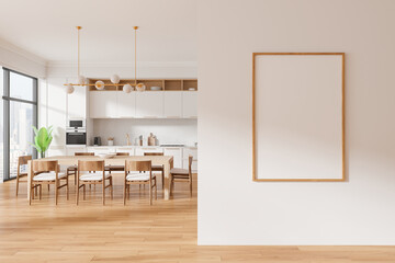 Home kitchen interior with dining table and cabinet, window. Mock up poster