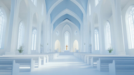 A large, empty church with a blue roof and white walls