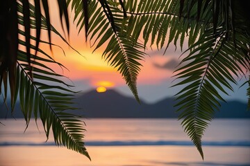 Fototapeta premium Tropical Sunset Ambiance with Layered Palm and Fern Leaves for a Dreamy Atmosphere
