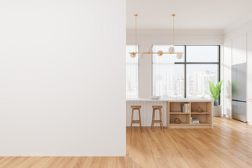 Elegant home kitchen interior with bar counter and fridge, window. Mockup wall