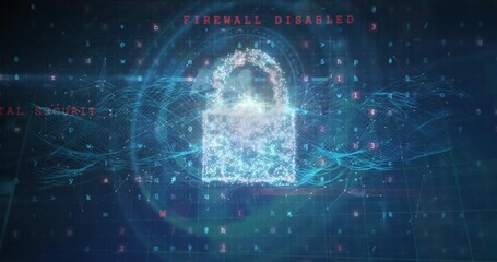 Firewall disabled text animation over digital padlock and data network - Powered by Adobe