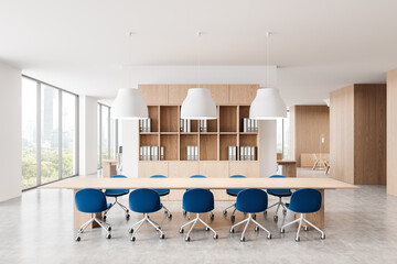 Office room interior with meeting, coworking and relax place. Panoramic window