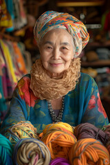 Elderly woman in colorful attire with yarns, vibrant textiles in the background, traditional and cultural craftsmanship portrait.