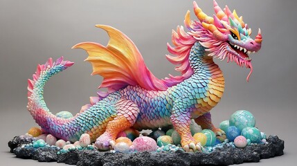 Colorful Dragon Figurine with Eggs and a Black Base