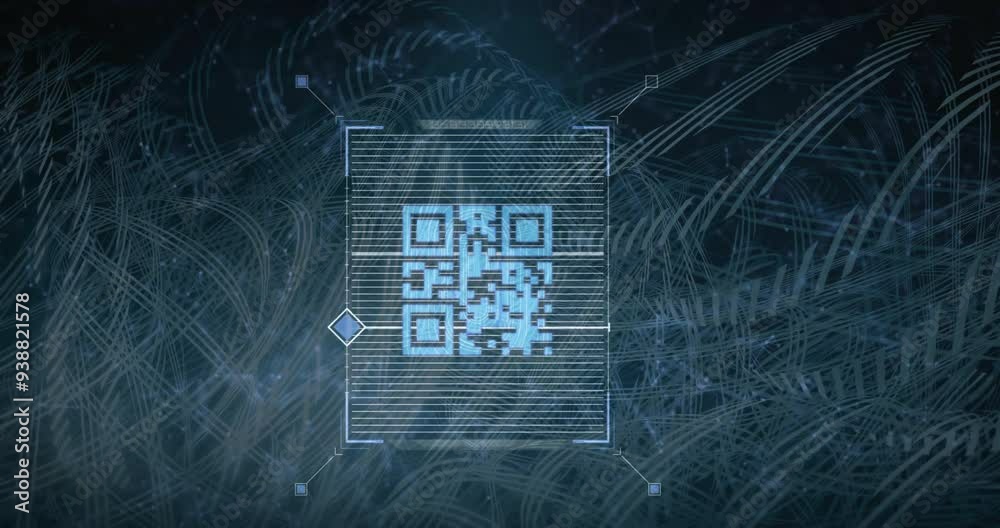 Poster scanning qr code animation over abstract digital lines background
