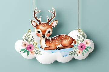 Adorable Watercolor Deer Surrounded by Soft Clouds and Flowers Perfect for Baby Showers and Nursery Decor