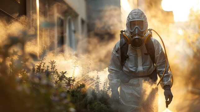 A Hazmat worker in a protective suit and gas mask sprays a disinfectant fog in the street. - Powered by Adobe