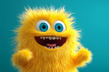 Fototapeta premium A cute and playful 3D cartoon character of a furry yellow monster, suitable for children's entertainment and fantasy-themed content.