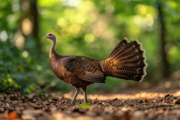 A wild turkey stands in a forest. This image is perfect for nature documentaries, wildlife photography books, or educational materials about turkeys.