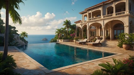 Fototapeta premium Coastal Grandeur: Luxury Mansion with Pool and Sea View