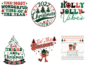Creative Retro Christmas Quotes, Hand Lettering Pack Vector Illustration for Stationery, Packaging, Vouchers