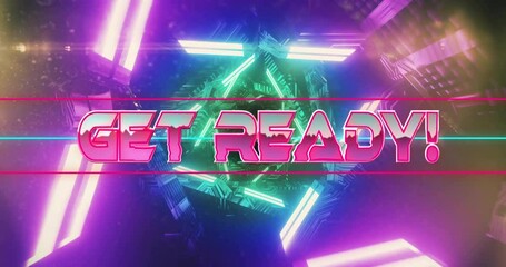 Get Ready! text animation over neon lights and geometric shapes background - Powered by Adobe