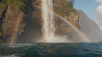 a rainbow in the sky above a waterfall