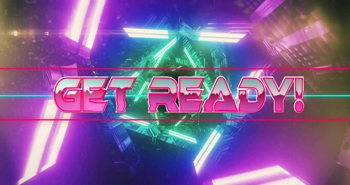 Get Ready! text animation over neon lights and geometric shapes background