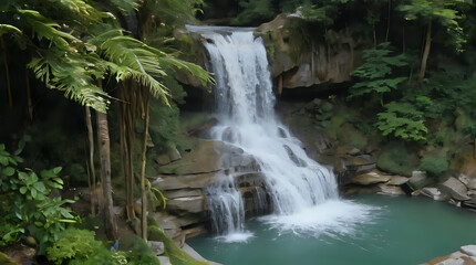 a waterfall in the middle of a forest with a pool