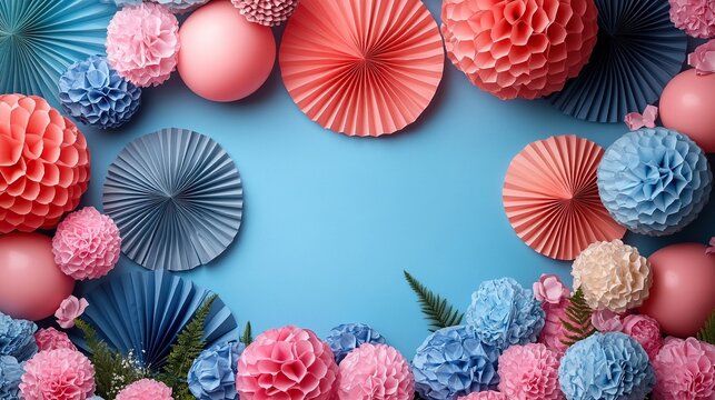 USA Independence Day banner design with balloons and paper fans flat lay