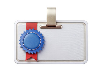 A blank white badge with a silver clip at the top, adorned with a blue seal and a red ribbon. The badge is isolated on a white background