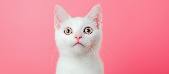 Obraz premium Cat with a surprised look on pink background. Generative AI.
