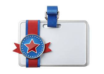 A blank white badge with a silver border is decorated with a red star surrounded by a blue circle with white stars, all attached to a red and blue ribbon. The badge is hanging from a blue lanyard with