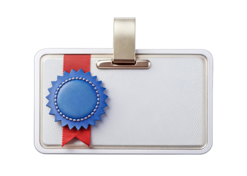 A blank white badge with a silver clip at the top, adorned with a blue seal and a red ribbon. The badge is isolated on a white background
