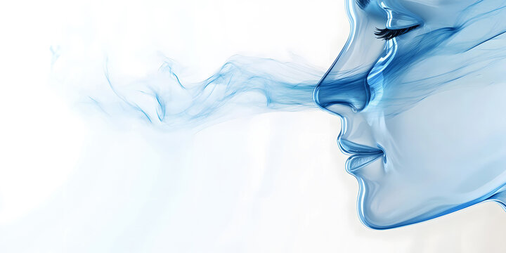 inner nose and blue smoke, blue breeze, inhale exhale swirls on white, forming a flowing wave pattern of light 