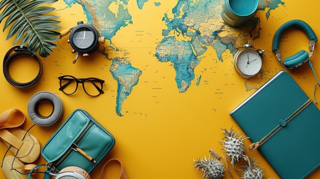 Airplane travel flat lay with accessories on yellow background. Top view of plane, passport, map, and headphones for travel agency banner design. Copy space included.