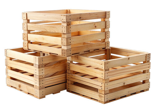 Three empty, wooden crate boxes are arranged on a white background, with two boxes stacked on top of each other, and the third box placed to the right, slightly offset