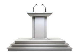 An isolated image of a white podium with two microphones on top. The podium has a wide, flat surface with a single, tall, square base. It sits on a tiered platform with three steps. The background is 
