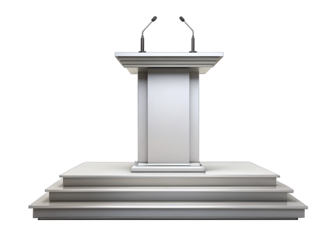 An isolated image of a white podium with two microphones on top. The podium has a wide, flat surface with a single, tall, square base. It sits on a tiered platform with three steps. The background is 