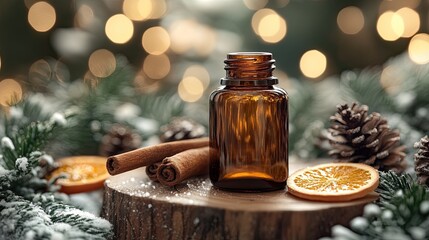 Amber glass cosmetic bottle on wooden podium with cinnamon sticks, orange slice, pine cone, and tree branch.