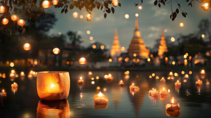 A lit candle floating in a body of water with a city in the background