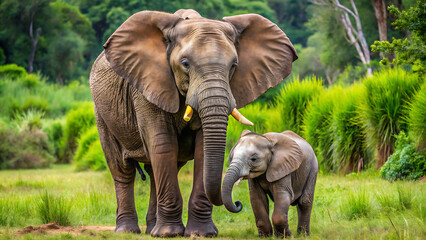 Fototapeta premium Gentle Elephant Mother and Cute Baby Calf in the Wild