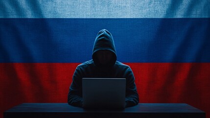 Hacker with Laptop Against Russian Flag