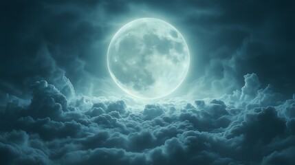 Glowing Full Moon Rising Above a Sea of Clouds Creating a Serene and Mystical Night Sky Perfect for Dreamy Atmospheric Photography and Nature Lovers