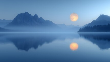 Serene moonlit landscape with a glowing full moon reflecting on a calm lake surrounded by misty mountains, creating a peaceful and dreamlike evening scene