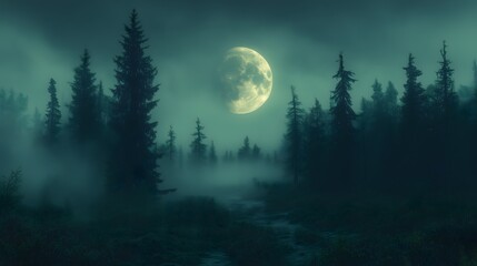 Mysterious Full Moon Rising Over a Foggy Forest Dark Fantasy Sci-Fi Digital Art
