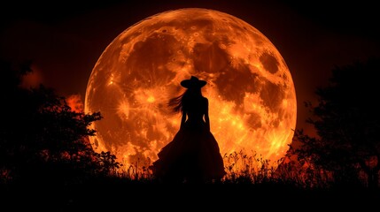 Dramatic Silhouette of a Mysterious Witch Standing Before a Fiery Full Moon Creating a Powerful and Enigmatic Scene Perfect for Fantasy and Halloween-Themed Photography