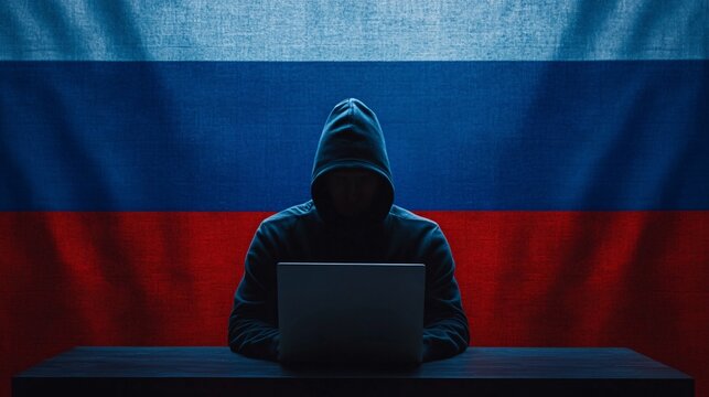 Hacker with Laptop Against Russian Flag