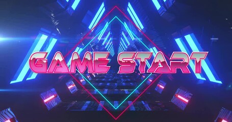 Game Start text animation over neon-lit futuristic tunnel background - Powered by Adobe