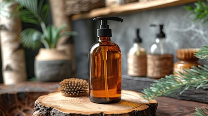 Amber glass pump dispenser with natural shampoo, birch bark, and moss background.