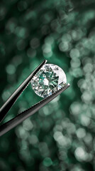 A diamond is being held in a pair of jeweler's tweezers