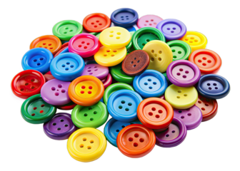A collection of brightly colored plastic buttons in a variety of sizes and styles are piled together on a white background. The buttons are arranged in a loose, casual manner, creating a colorful and 