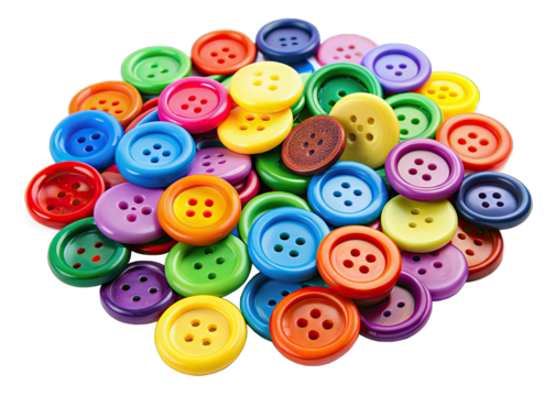 A collection of brightly colored plastic buttons in a variety of sizes and styles are piled together on a white background. The buttons are arranged in a loose, casual manner, creating a colorful and 