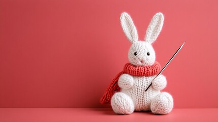 Obraz premium Handmade Knitted Bunny Wearing Scarf with Knitting Needle
