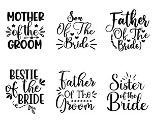 Modern Bridal Party Typography, Hand Lettering Set Vector Illustration for Bookmark, Book Cover, Gift Card